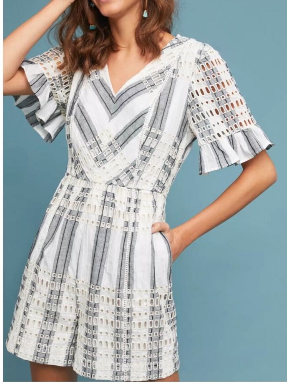 Anthropologie Ett:twa White and Gray Striped Eyelet Romper